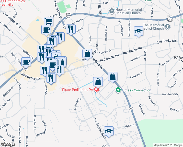 map of restaurants, bars, coffee shops, grocery stores, and more near 1017 Cheyenne Court in Greenville
