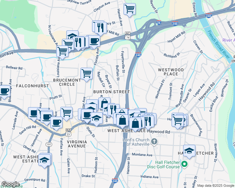 map of restaurants, bars, coffee shops, grocery stores, and more near 100 Burton Street in Asheville