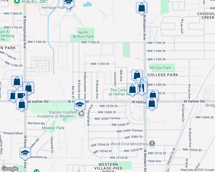 map of restaurants, bars, coffee shops, grocery stores, and more near 1301 West Hefner Road in Oklahoma City