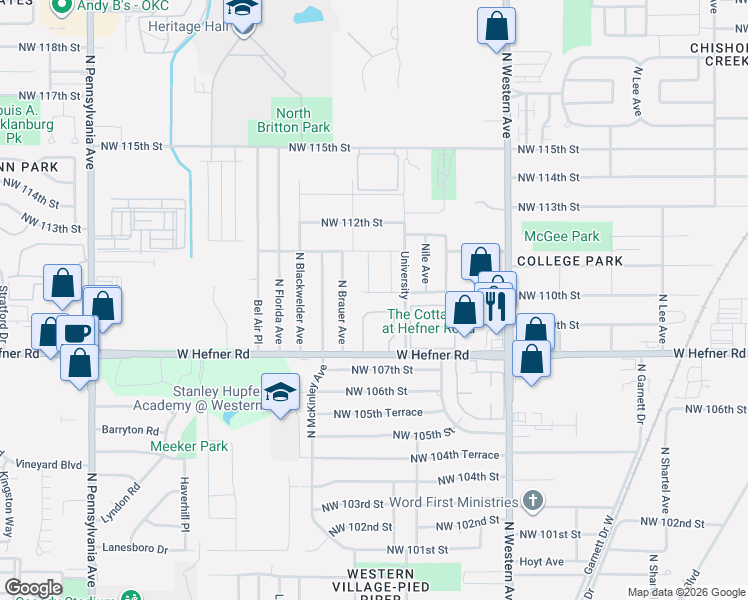 map of restaurants, bars, coffee shops, grocery stores, and more near 1301 West Hefner Road in Oklahoma City