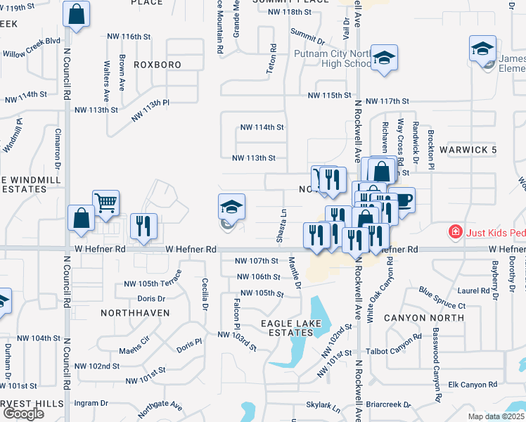 map of restaurants, bars, coffee shops, grocery stores, and more near 7309 Northwest 110th Street in Oklahoma City