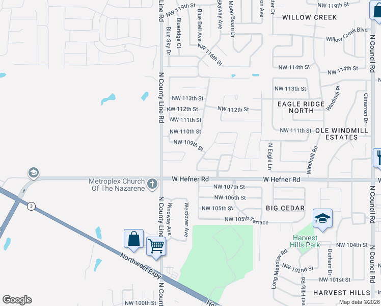 map of restaurants, bars, coffee shops, grocery stores, and more near 10913 Millbrook Lane in Oklahoma City