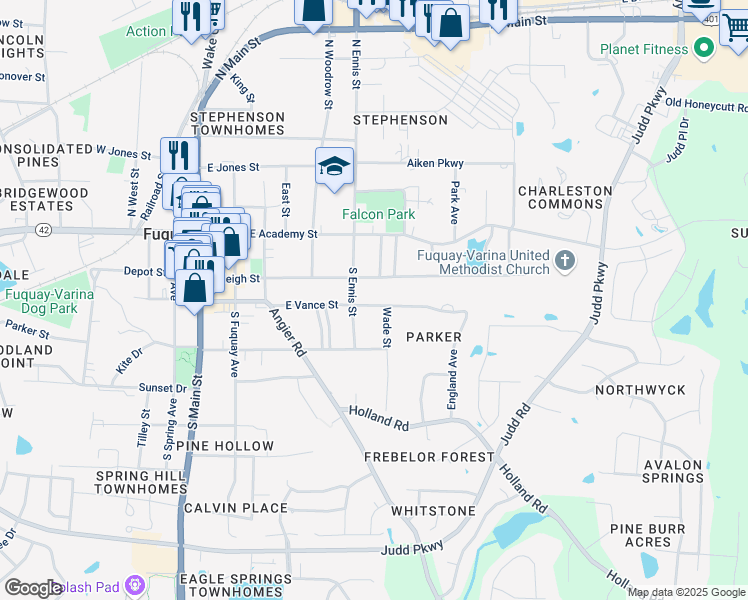 map of restaurants, bars, coffee shops, grocery stores, and more near 509 East Vance Street in Fuquay Varina