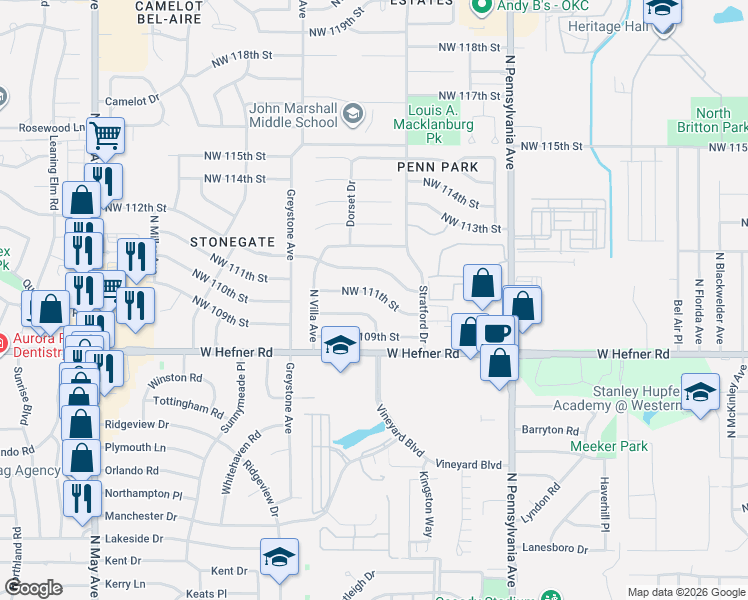 map of restaurants, bars, coffee shops, grocery stores, and more near 2417 Northwest 110th Street in Oklahoma City