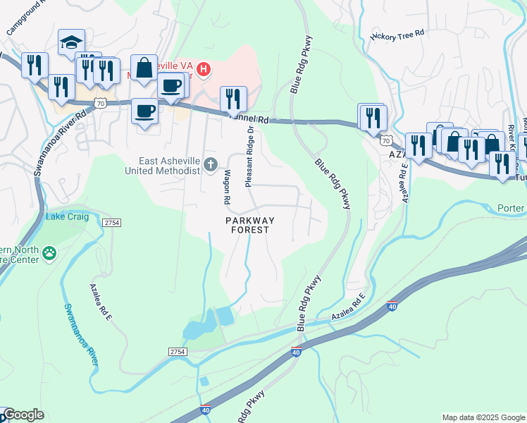 map of restaurants, bars, coffee shops, grocery stores, and more near 51 Wagon Road in Asheville