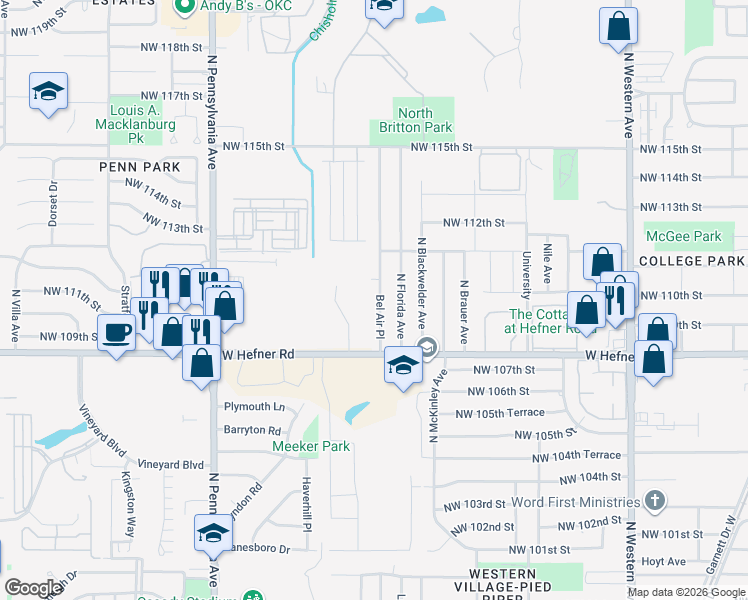 map of restaurants, bars, coffee shops, grocery stores, and more near 10928 Bel Air Place in Oklahoma City