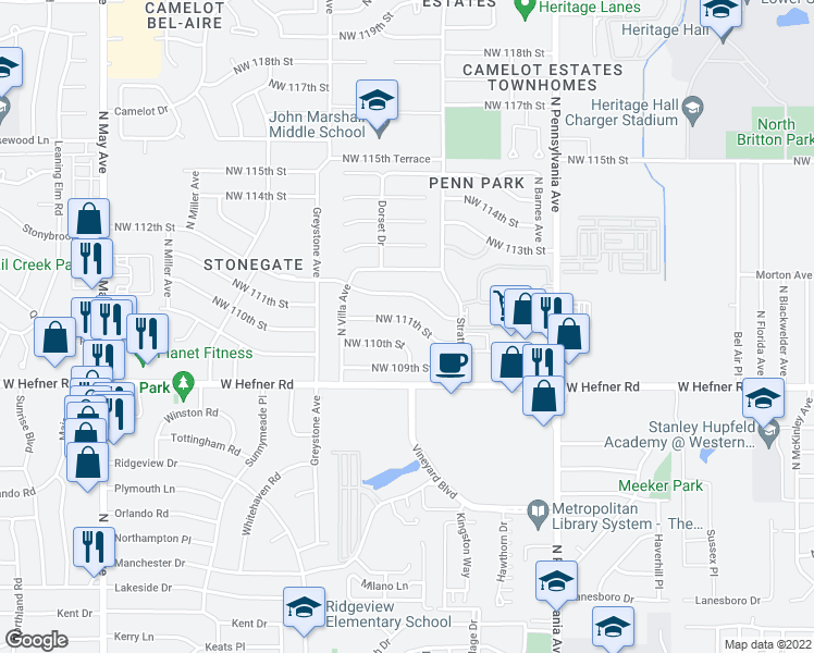 map of restaurants, bars, coffee shops, grocery stores, and more near 2336 Northwest 111th Street in Oklahoma City