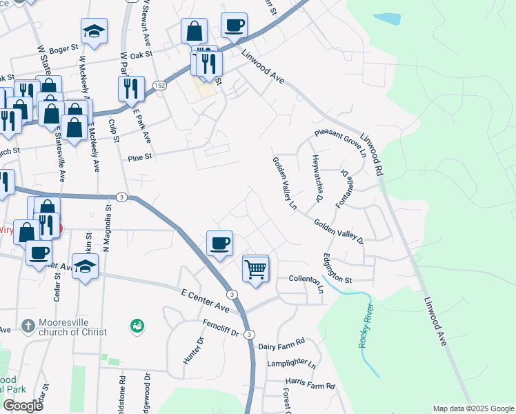 map of restaurants, bars, coffee shops, grocery stores, and more near 132 King William Drive in Mooresville