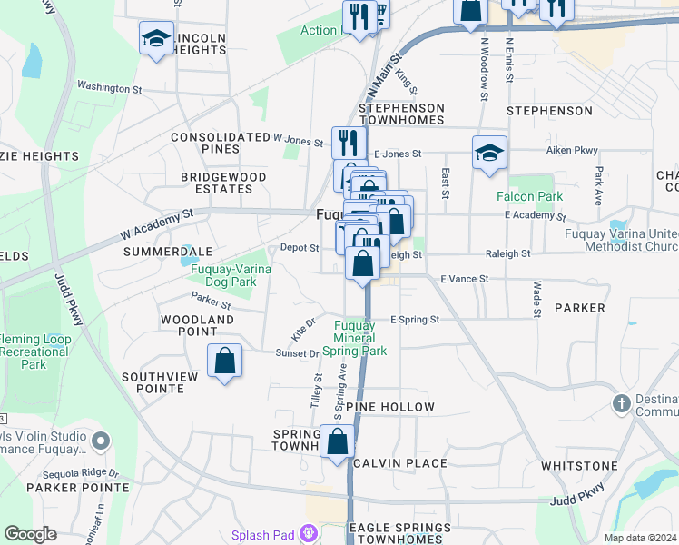 map of restaurants, bars, coffee shops, grocery stores, and more near 282 Spring Avenue in Fuquay Varina