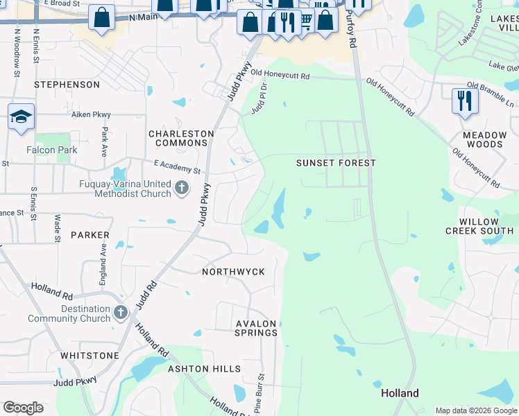 map of restaurants, bars, coffee shops, grocery stores, and more near 276 Bevis Marks Drive in Fuquay-Varina