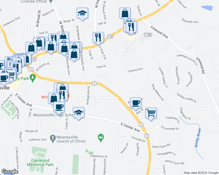 map of restaurants, bars, coffee shops, grocery stores, and more near 770 East Iredell Avenue in Mooresville