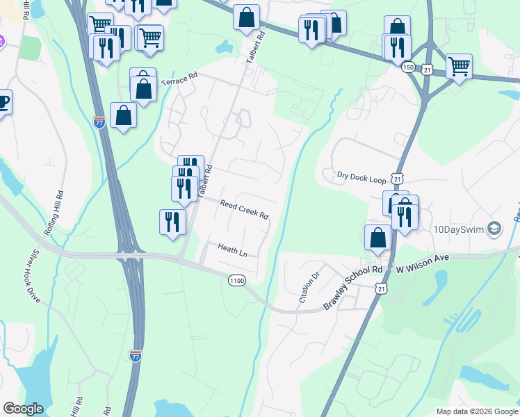 map of restaurants, bars, coffee shops, grocery stores, and more near 341 Reed Creek Road in Mooresville