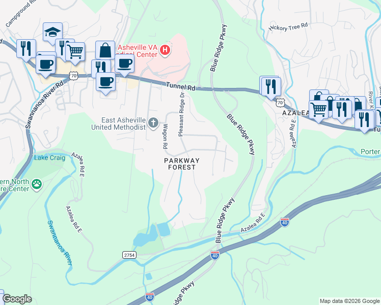 map of restaurants, bars, coffee shops, grocery stores, and more near 45 Pleasant Ridge Drive in Asheville