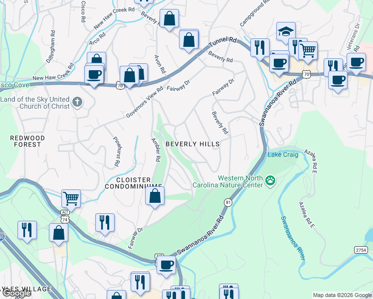 map of restaurants, bars, coffee shops, grocery stores, and more near 28 Kensington Drive in Asheville