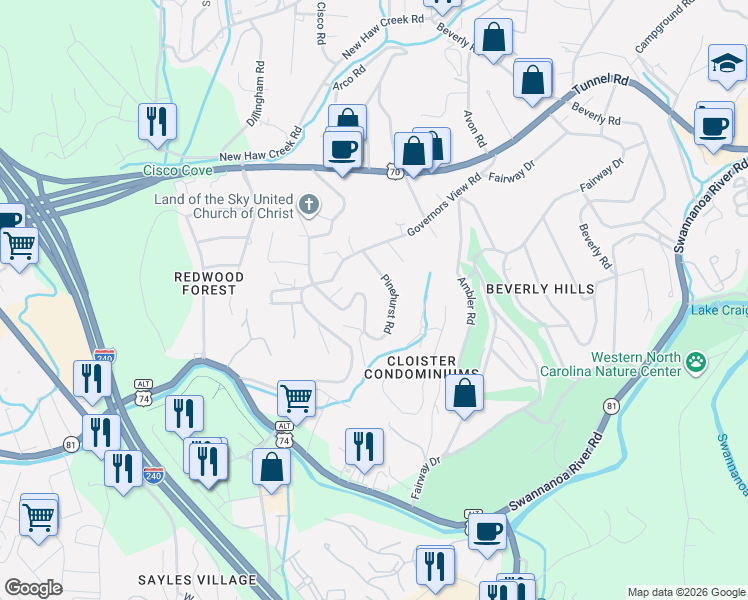 map of restaurants, bars, coffee shops, grocery stores, and more near 21 Pinehurst Road in Asheville
