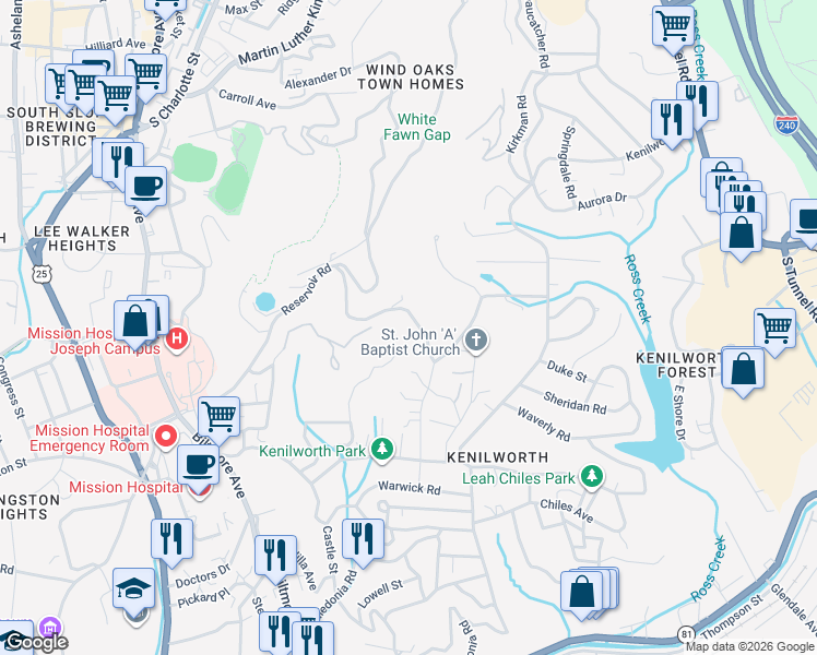 map of restaurants, bars, coffee shops, grocery stores, and more near 4 Samuel Ashe Drive in Asheville