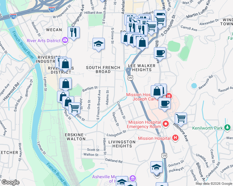 map of restaurants, bars, coffee shops, grocery stores, and more near 122 Choctaw Street in Asheville