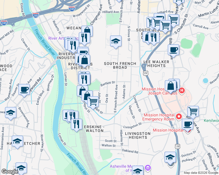 map of restaurants, bars, coffee shops, grocery stores, and more near 345 South French Broad Avenue in Asheville