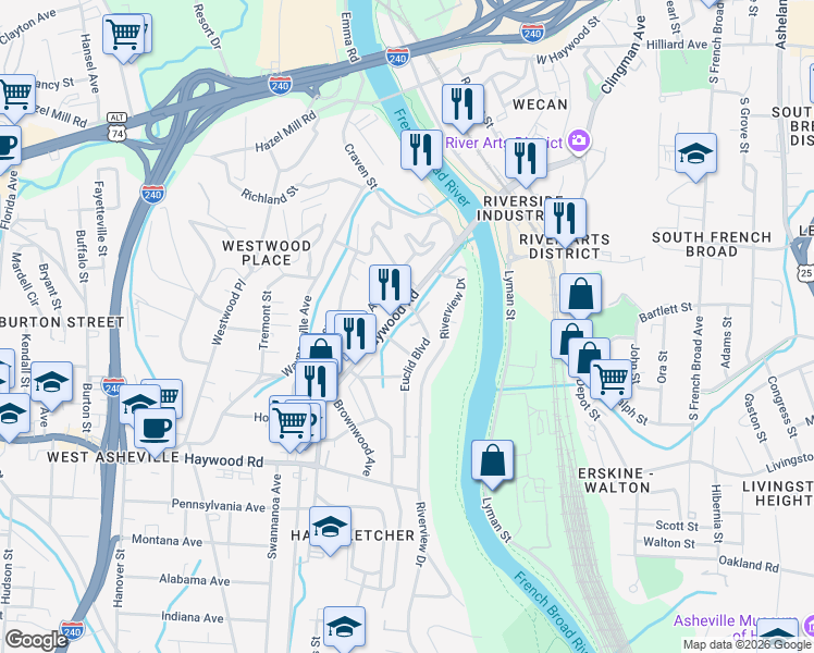 map of restaurants, bars, coffee shops, grocery stores, and more near 49 Euclid Boulevard in Asheville