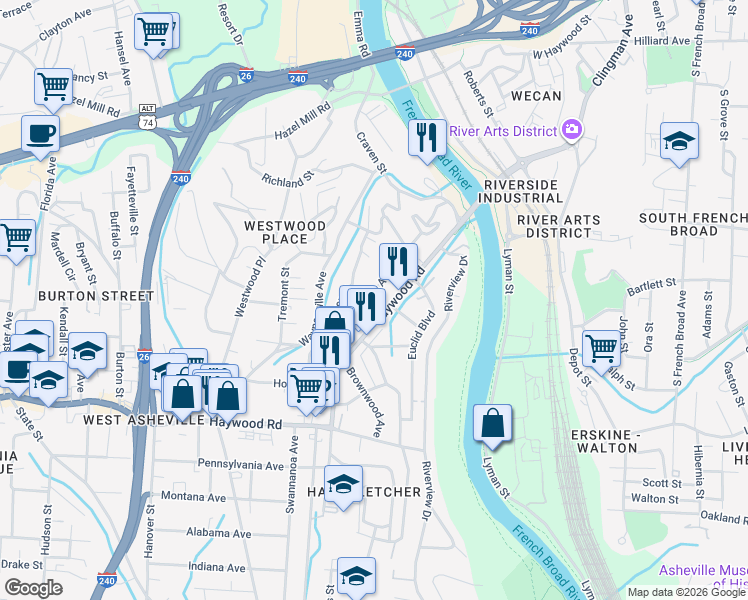 map of restaurants, bars, coffee shops, grocery stores, and more near 160 Logan Avenue in Asheville