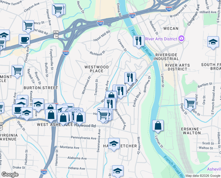 map of restaurants, bars, coffee shops, grocery stores, and more near 97 Deaver Street in Asheville