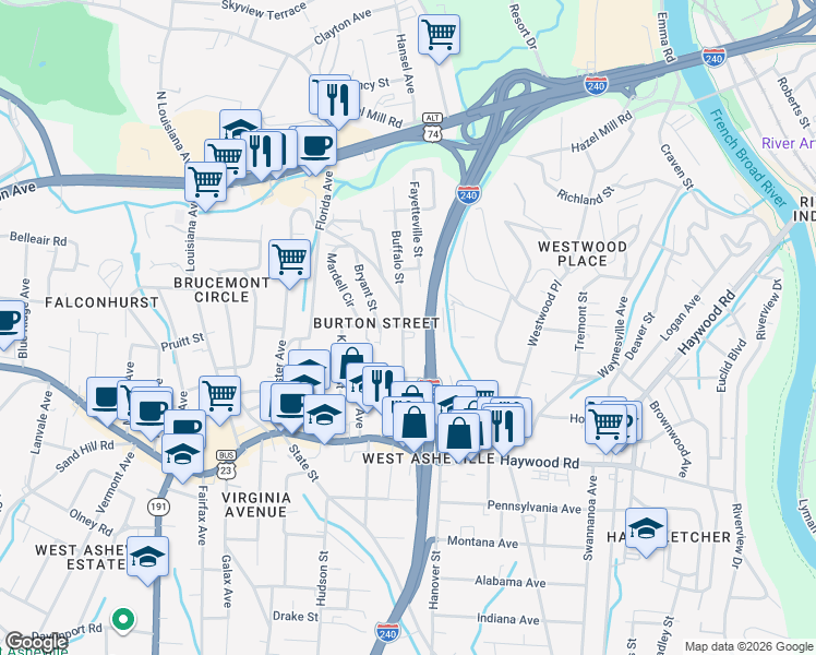map of restaurants, bars, coffee shops, grocery stores, and more near 100 Burton Street in Asheville
