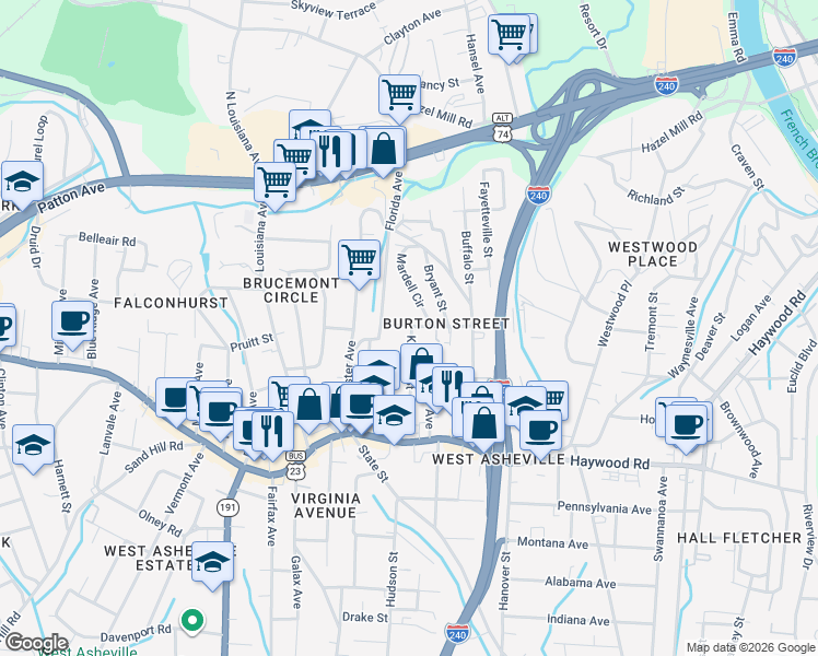 map of restaurants, bars, coffee shops, grocery stores, and more near 103 Martin Avenue in Asheville
