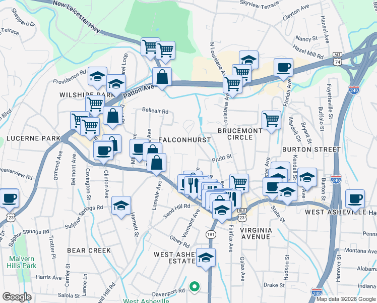 map of restaurants, bars, coffee shops, grocery stores, and more near 58 Oakwood Street in Asheville