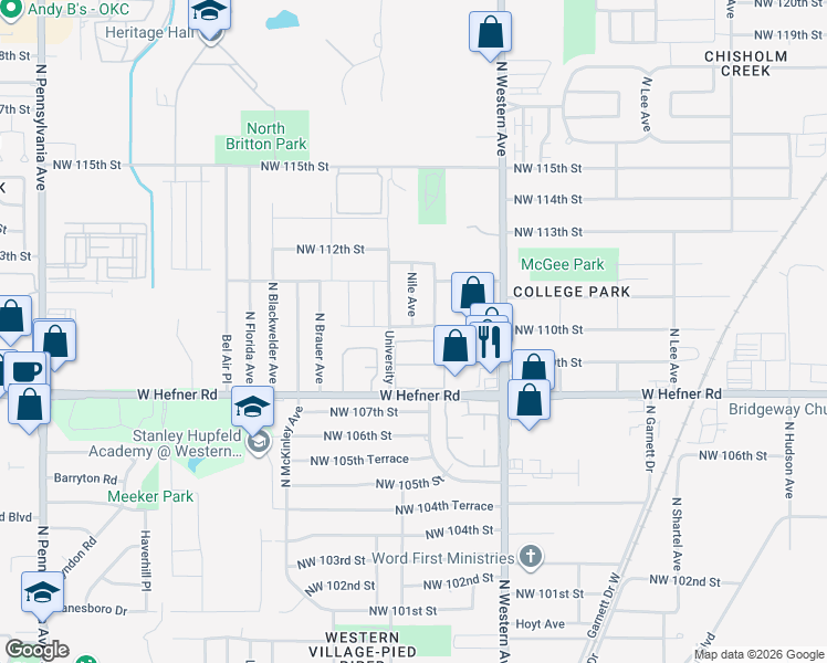 map of restaurants, bars, coffee shops, grocery stores, and more near 1209 West Hefner Road in Oklahoma City