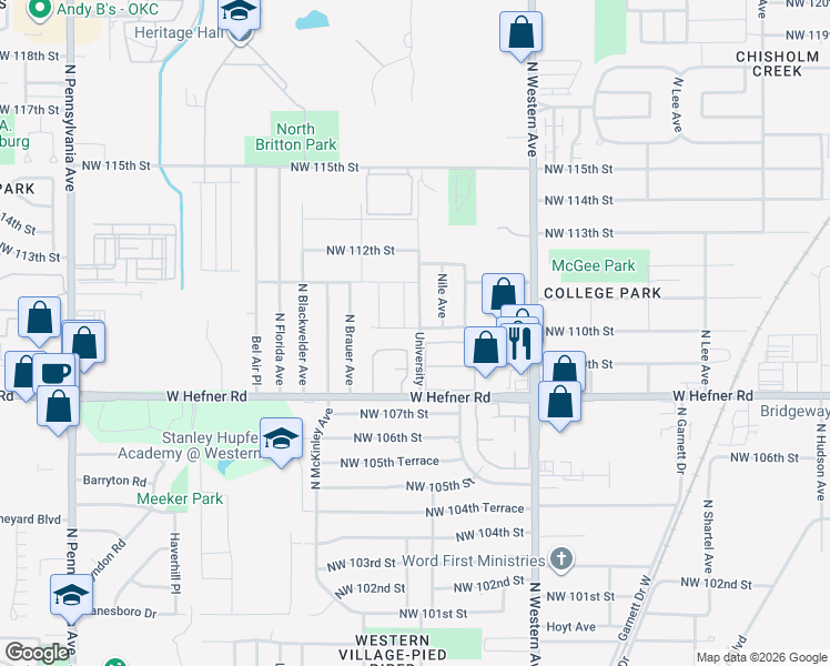 map of restaurants, bars, coffee shops, grocery stores, and more near 1301 West Hefner Road in Oklahoma City