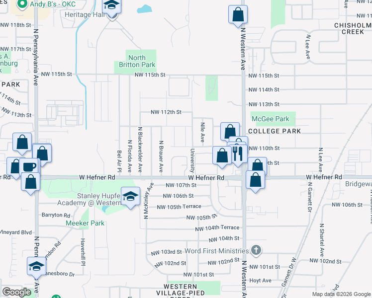 map of restaurants, bars, coffee shops, grocery stores, and more near 1301 West Hefner Road in Oklahoma City