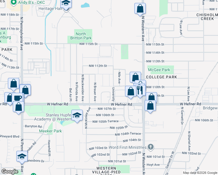 map of restaurants, bars, coffee shops, grocery stores, and more near 1301 West Hefner Road in Oklahoma City