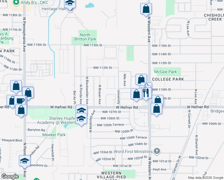 map of restaurants, bars, coffee shops, grocery stores, and more near 1301 West Hefner Road in Oklahoma City
