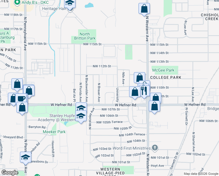 map of restaurants, bars, coffee shops, grocery stores, and more near 1301 West Hefner Road in Oklahoma City
