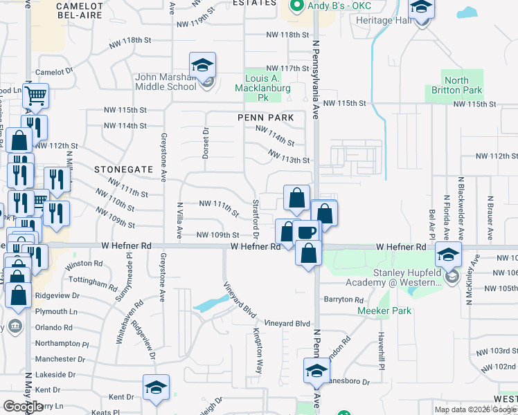 map of restaurants, bars, coffee shops, grocery stores, and more near 11130 North Stratford Drive in Oklahoma City