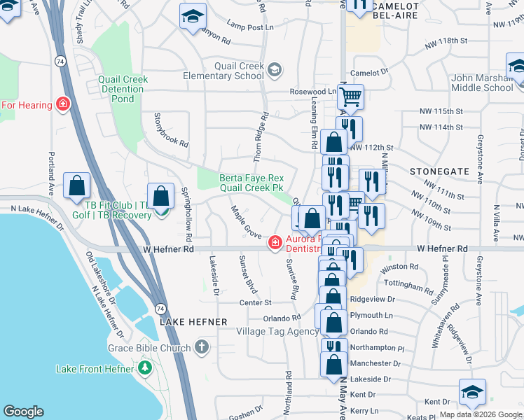 map of restaurants, bars, coffee shops, grocery stores, and more near 11004 Magnolia Park in Oklahoma City