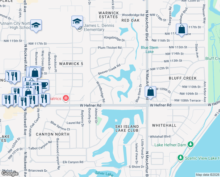 map of restaurants, bars, coffee shops, grocery stores, and more near 11009 Blue Stem Back Road in Oklahoma City
