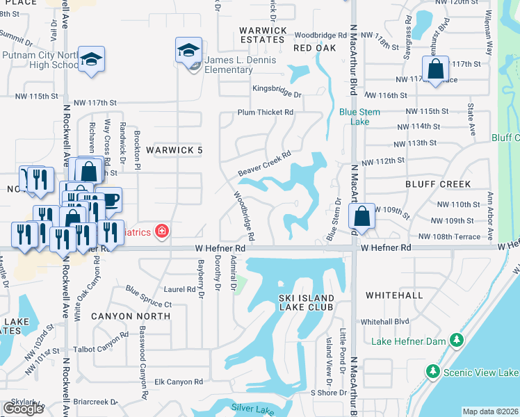 map of restaurants, bars, coffee shops, grocery stores, and more near 11009 Blue Stem Back Road in Oklahoma City