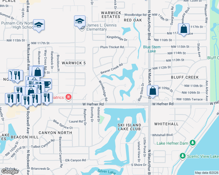 map of restaurants, bars, coffee shops, grocery stores, and more near 11009 Blue Stem Back Road in Oklahoma City