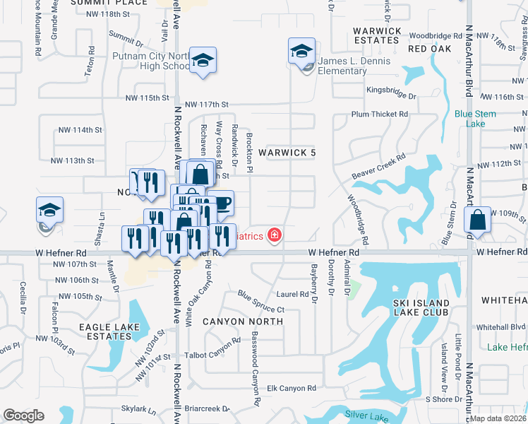map of restaurants, bars, coffee shops, grocery stores, and more near 6617 Northwest 109th Street in Oklahoma City