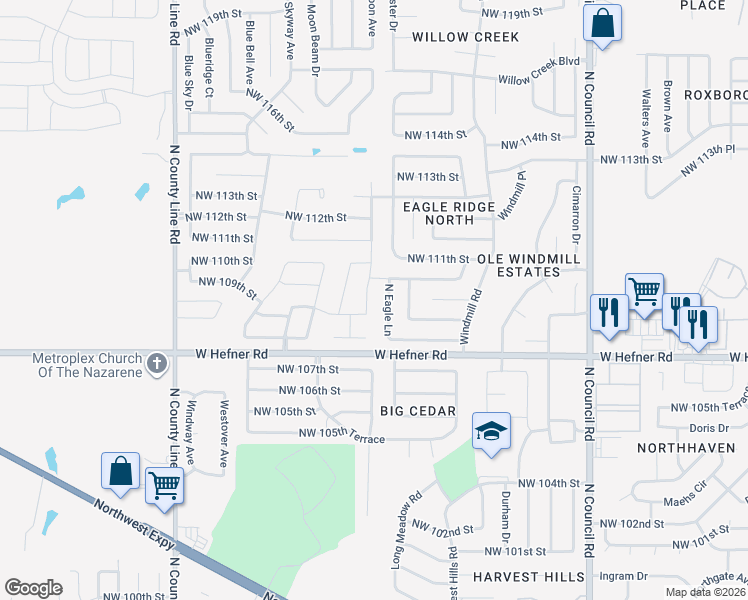 map of restaurants, bars, coffee shops, grocery stores, and more near 11021 North Eagle Lane in Oklahoma City