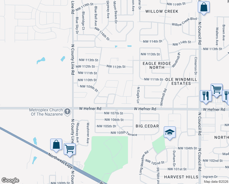map of restaurants, bars, coffee shops, grocery stores, and more near 10916 Milford Lane in Oklahoma City