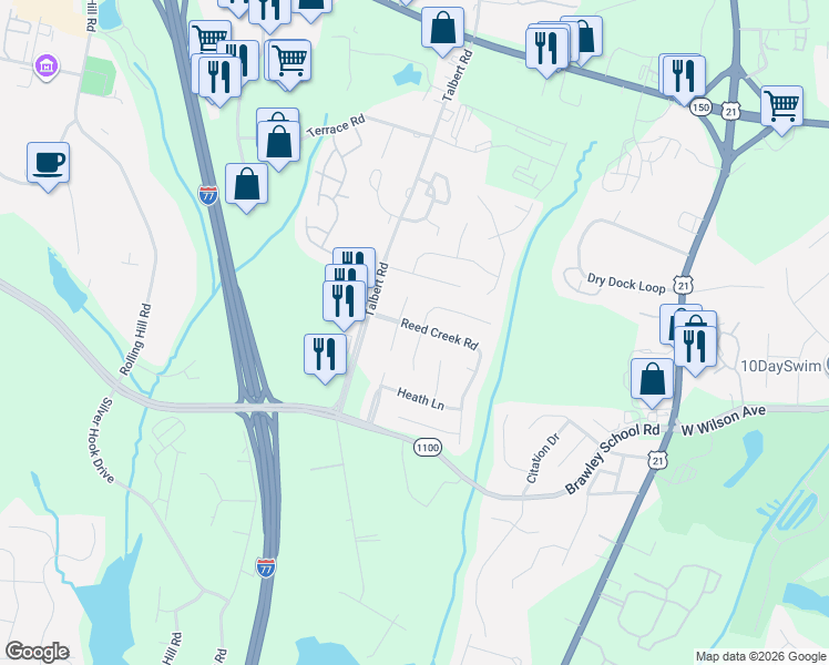map of restaurants, bars, coffee shops, grocery stores, and more near 140 Rose Street in Mooresville