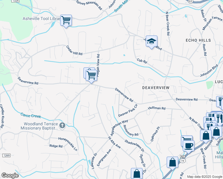map of restaurants, bars, coffee shops, grocery stores, and more near 426 Deaverview Road in Asheville