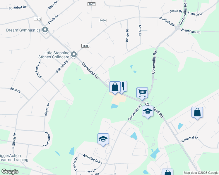 map of restaurants, bars, coffee shops, grocery stores, and more near 10556 Cleveland Road in Garner