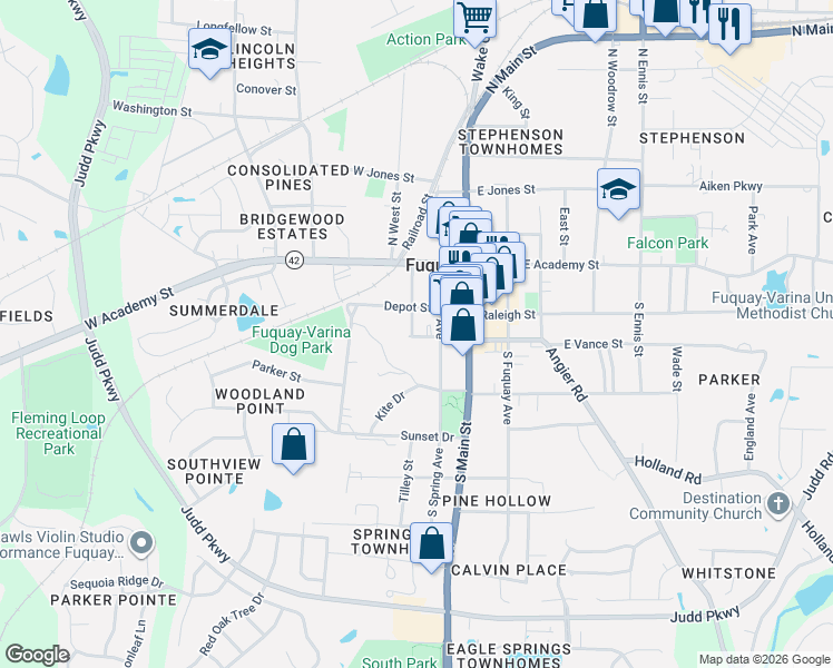 map of restaurants, bars, coffee shops, grocery stores, and more near 301 West Vance Street in Fuquay-Varina