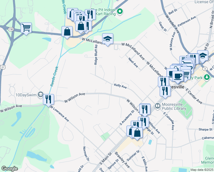 map of restaurants, bars, coffee shops, grocery stores, and more near 508 Kelly Avenue in Mooresville