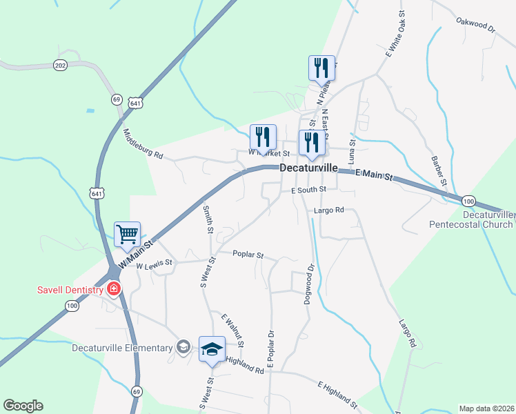 map of restaurants, bars, coffee shops, grocery stores, and more near 250 South West Street in Decaturville