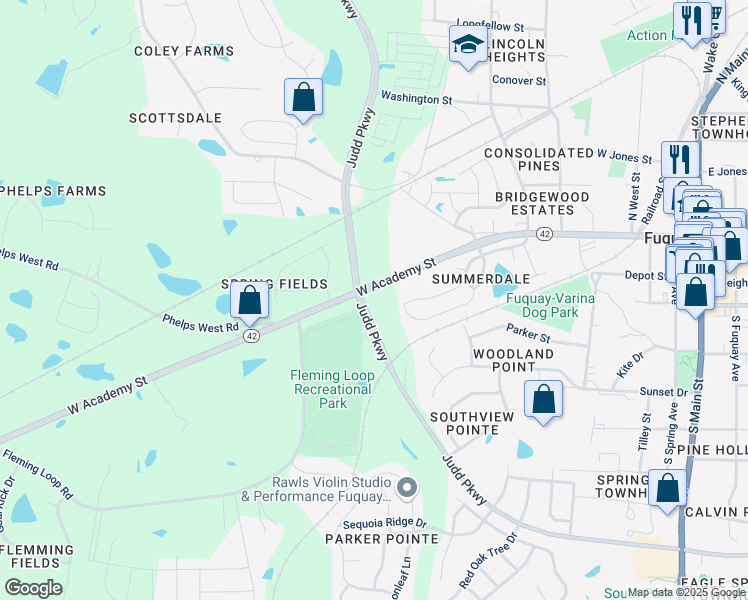 map of restaurants, bars, coffee shops, grocery stores, and more near in Fuquay-Varina