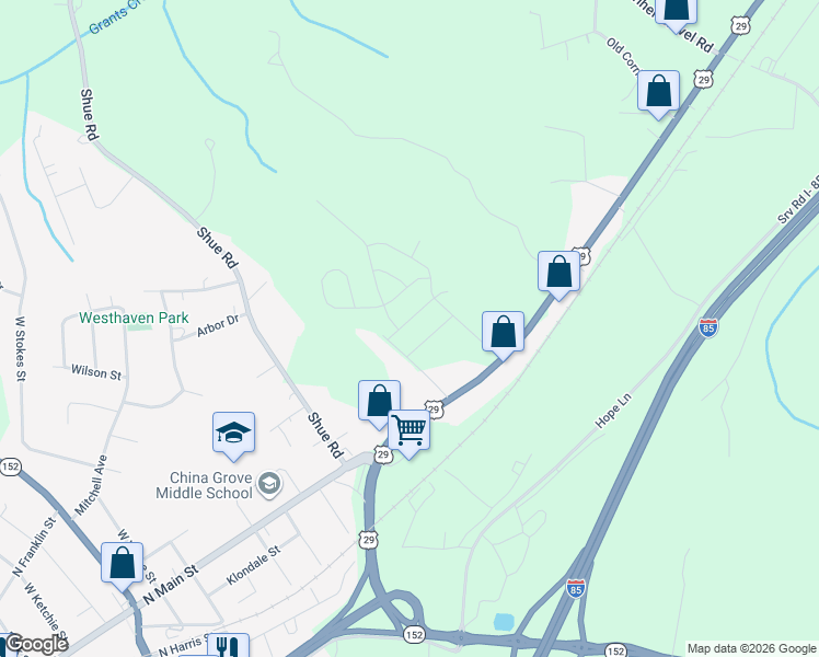map of restaurants, bars, coffee shops, grocery stores, and more near 215 Red Fox Lane in China Grove